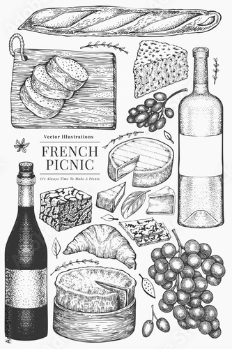 French food illustration set. Hand drawn vector picnic meal illustrations. Engraved style different snack and wine. Vintage food background.