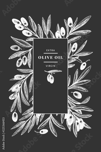 Olive branch design template. Hand drawn vector food illustration on chalk board. Engraved style mediterranean plant. Retro botanical picture.