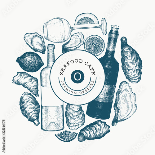 Oysters and wine design template. Hand drawn vector illustration. Seafood banner. Can be used for design menu, packaging, recipes, label, fish market, seafood products.