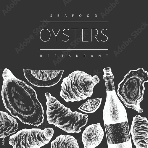 Oysters and wine design template. Hand drawn vector illustration on chalk board. Seafood banner. Can be used for design menu, packaging, recipes, label, fish market, seafood products.