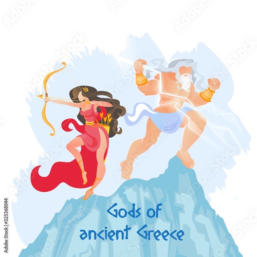 Zeus Thunderer Father of Gods and Men Holding Flashes Standing on Mountain Olympus with Daughter Artemis, Ancient Goddess of Hunters. Greece Mythology Heroes. Cartoon Flat Vector Illustration, Banner