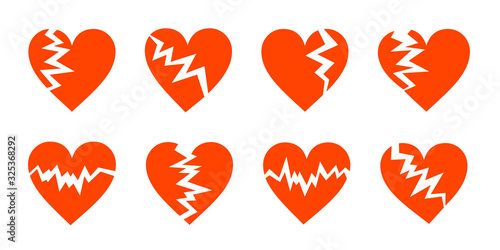 Red cracked hearts flat icons set. Wrecked heart symbols isolated on white. Unhappy love, divorce or mental pain concept. Various shapes with cracks. Scalable vector illustration in EPS8.
