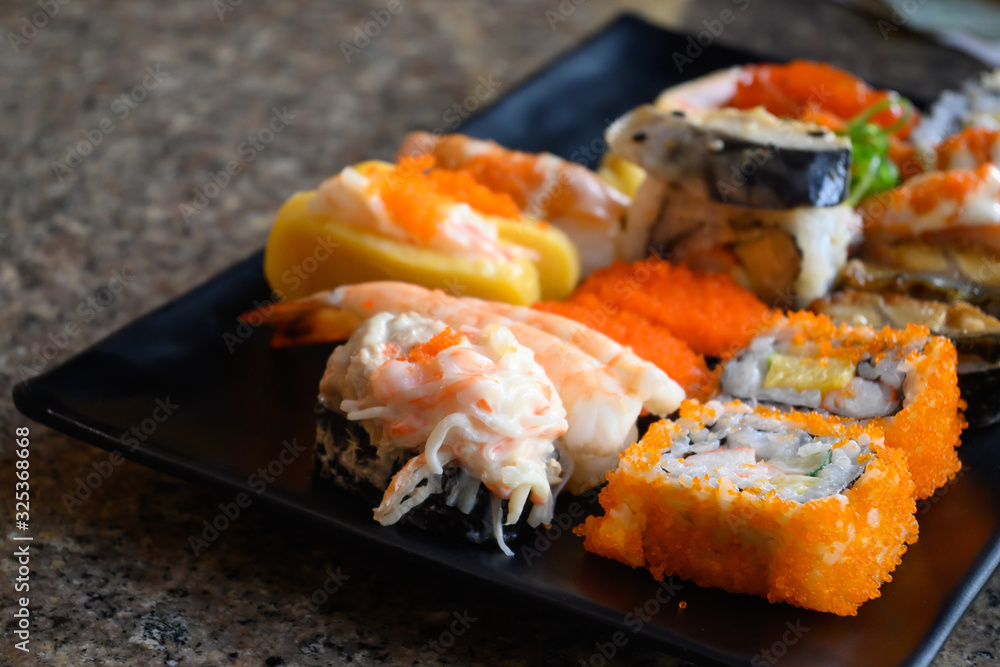 Closeup image of Zushi placed on a tray For lunch Closeup image of Zushi placed on a tray For lunch