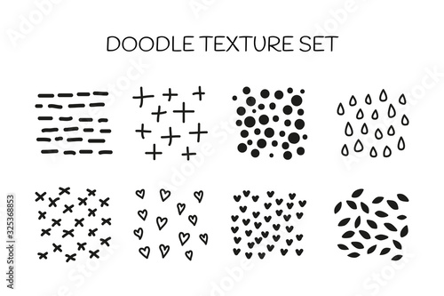 Set of doodle textures including dots, leaves, lines, hearts, crosses, drops, ticks isolated on white background.