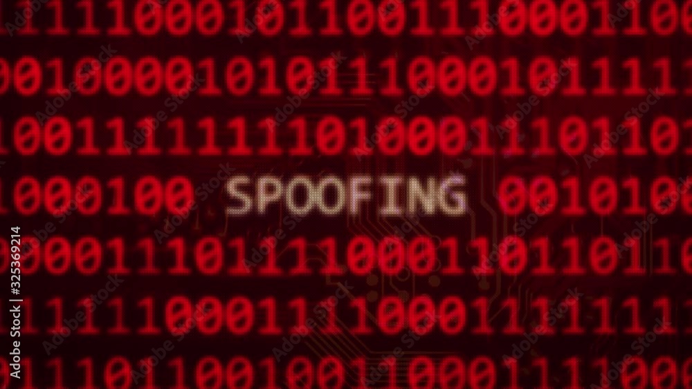 Spoofing attack - text between binary data background red screen with depth of field in 4k Spoofing attack - text between binary data background red screen with depth of field in 4k