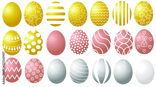 Gold, Rose and Silver Easter eggs with the pattern set isolated on transparent or white background. Vector illustration in flat design.