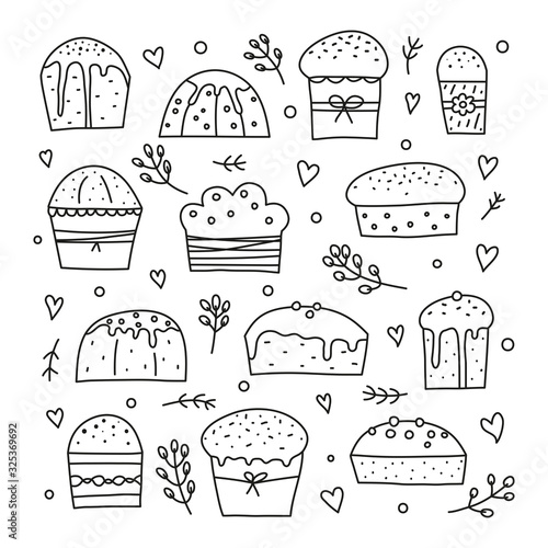 Set of doodle outline Easter kulich cakes or Christmas panettones and pussy willows, hearts around isolated on white background.