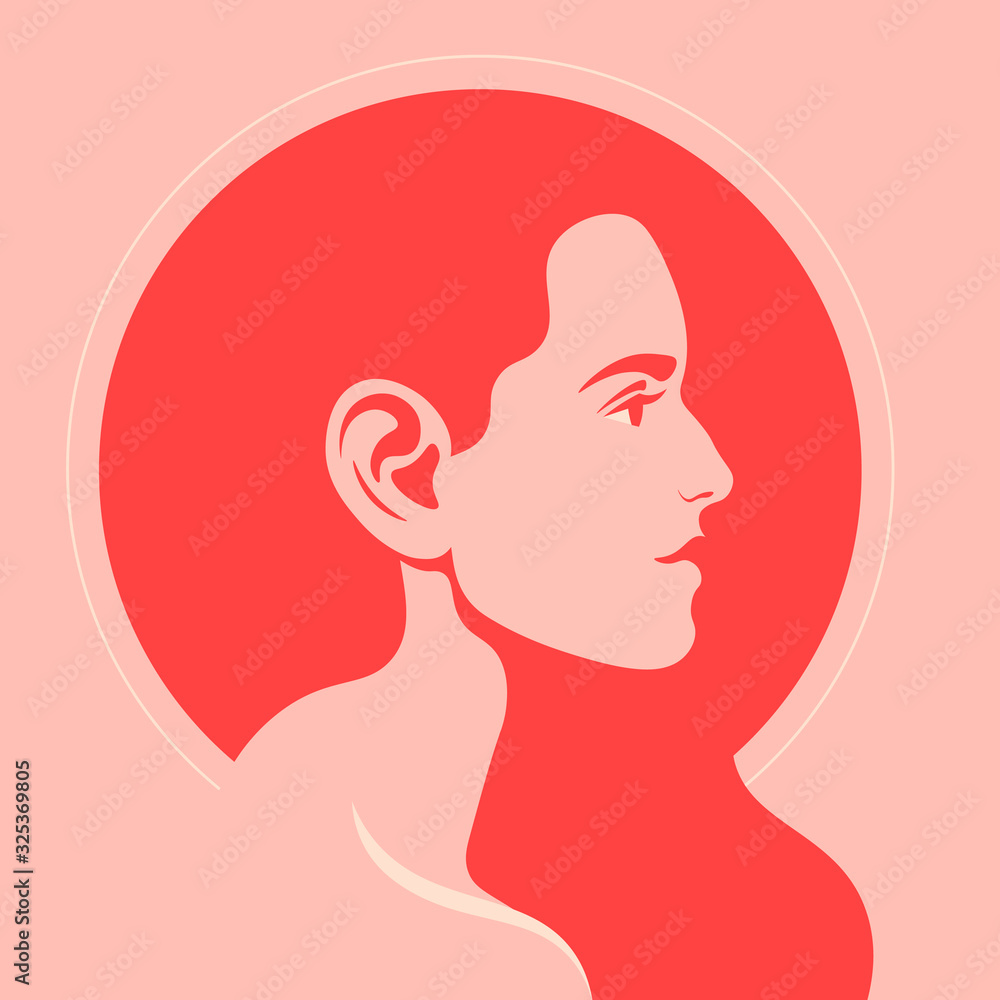 Profile of a red-haired girl. Female face on the side. Bright avatar for a social network. Vector flat illustration