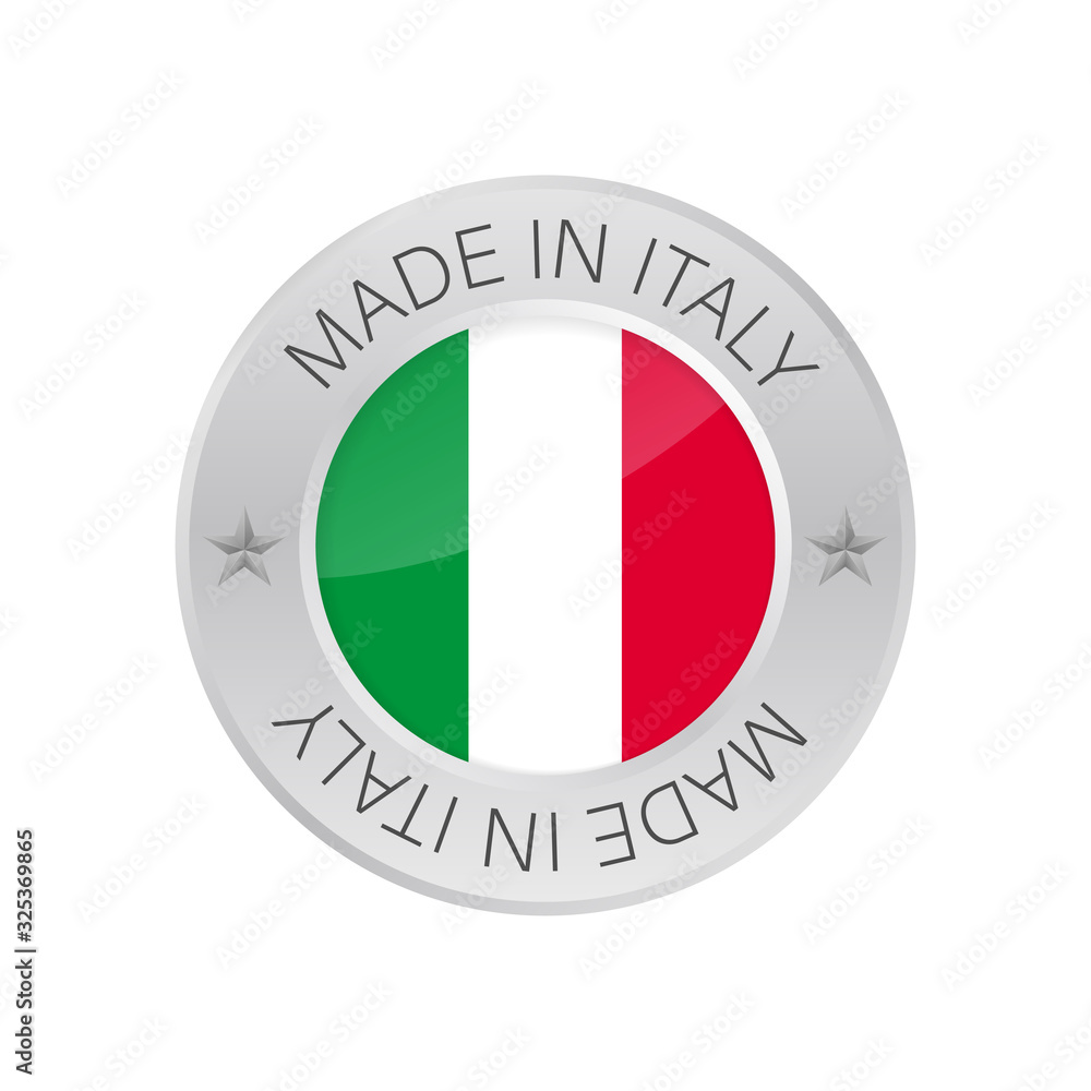Glossy metal badge icon, made in Italy with flag. Vector stock illustration. Glossy metal badge icon, made in Italy with flag. Vector stock illustration.