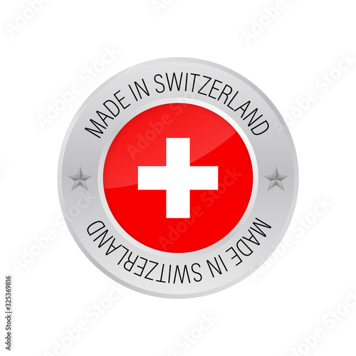 Glossy metal badge icon, made in Switzerland with flag. Vector stock illustration.