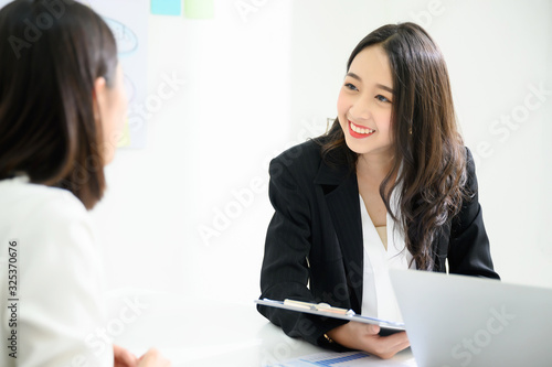 Job interview  We are hiring  Human resource and recruitment concept. Beautiful young asian businesswoman talking applicant people