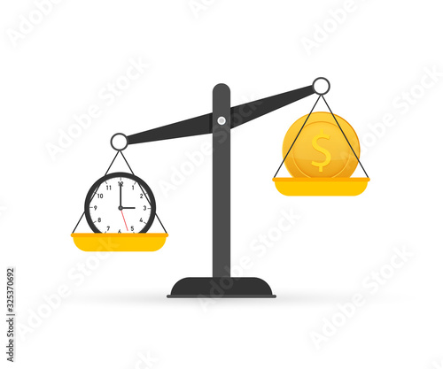Time is money on scales icon. Money and time balance on scale. Vector stock illustration.