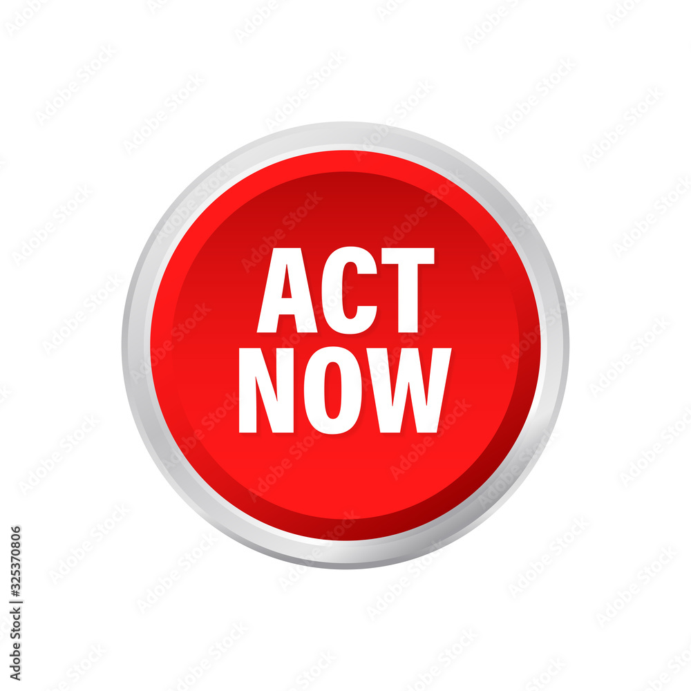 Red round act now button on white background. Vector stock illustration. Red round act now button on white background. Vector stock illustration.