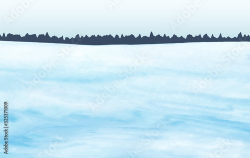 Winter snowy landscape, snow covered field and forest edge in the distance, watercolor background