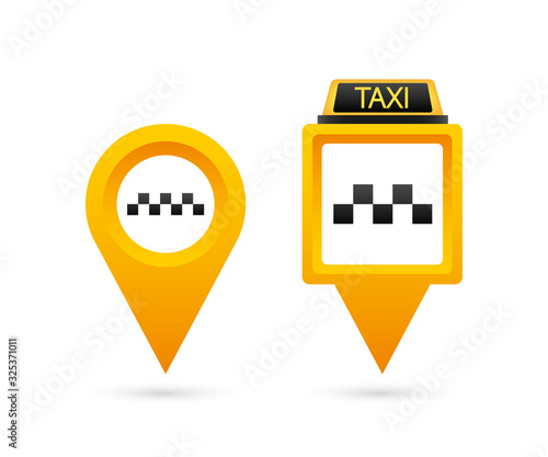 Set taxi icon. Map pin with taxi checks sign. Vector stock illustration.