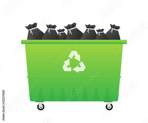 Recycling garbage dumpster, wheelie trash bin. Vector stock illustration.