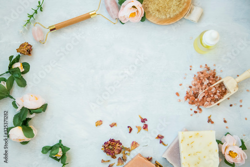 Photography Spa still life frame with natural beauty products, bath salt, roses, natural soa