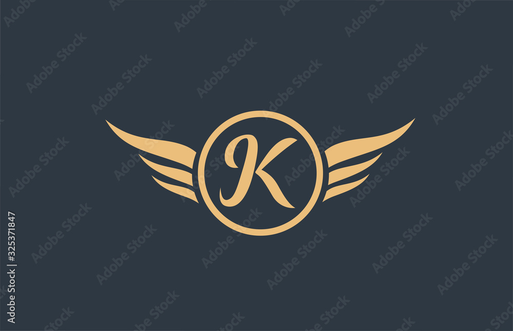 K yellow blue alphabet letter logo with wing wings icon and circle for ...