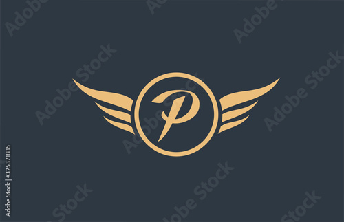 P yellow blue alphabet letter logo with wing wings icon and circle for business design and company