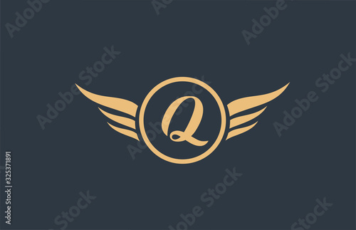 Q yellow blue alphabet letter logo with wing wings icon and circle for business design and company