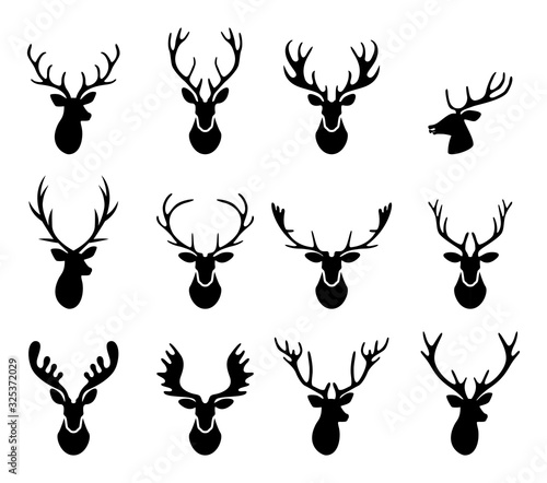 Black silhouettes of different deer horns, vector
