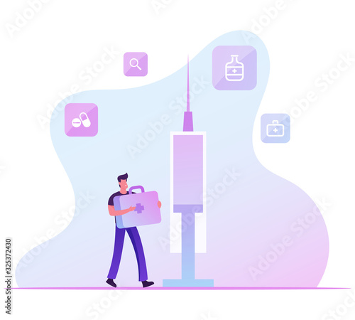 Hpv, Human Papillomavirus Infection Vaccination Concept. Man Carry Medical Box with Instruments and Tools near Huge Syringe. Prevention Measures, Virus, Immunization Cartoon Flat Vector Illustration