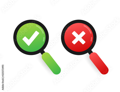 Magnifying glass and a tick and cross icons. Yes and No sign. Vector stock illustration.