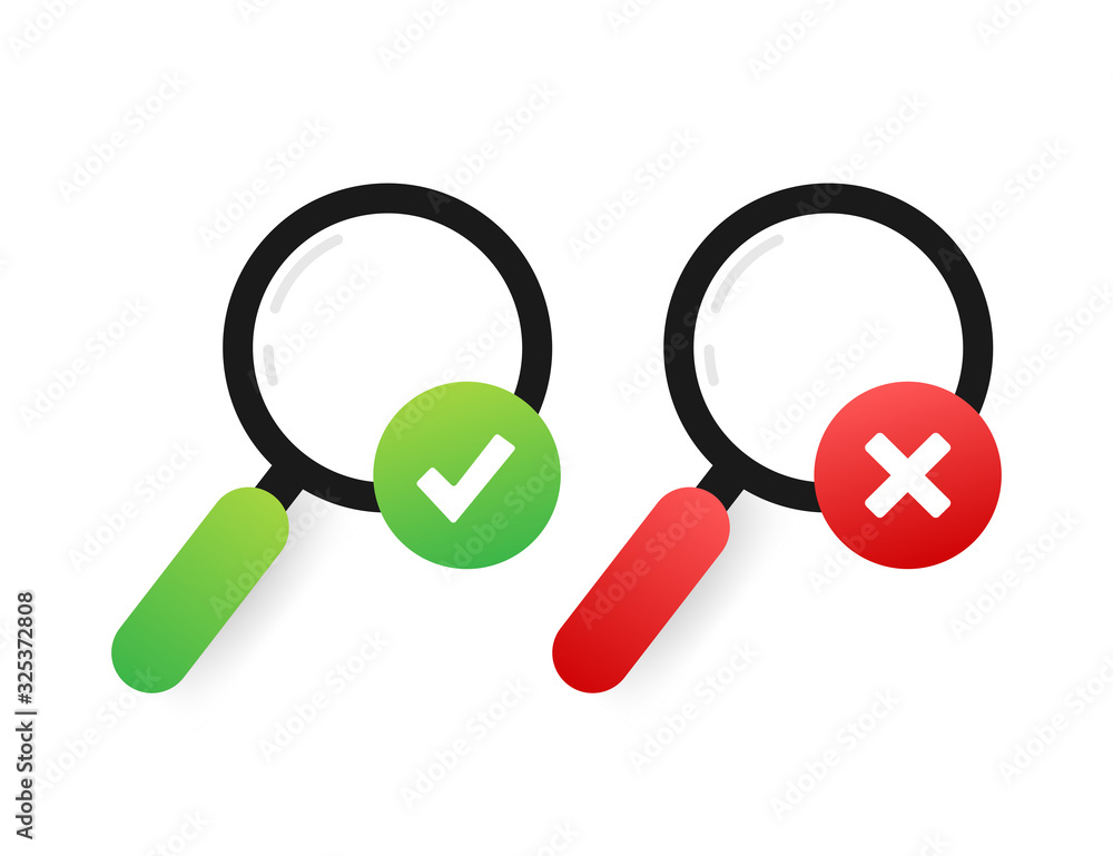 Magnifying glass and a tick and cross icons. Yes and No sign. Vector stock illustration. Magnifying glass and a tick and cross icons. Yes and No sign. Vector stock illustration.