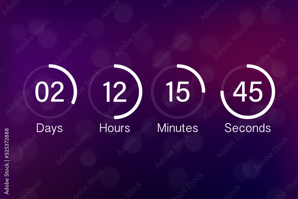 Vector countdown clock counter timer. UI app digital count down circle board meter with circle time pie diagram. Scoreboard of day, hour, minutes and seconds for web page coming soon event template.