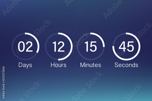 Vector countdown clock counter timer. UI app digital count down circle board meter with circle time pie diagram. Scoreboard of day, hour, minutes and seconds for web page coming soon event template.