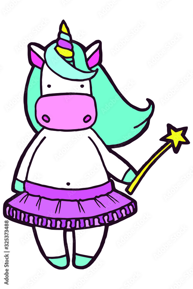 Vector illustration. Hand drawing cartoon unicorn. Fairy unicorn in a pink tutu with a magic wand in his hand. Blue mane. Isolated on white. Cute character. The original print. Vector illustration. Hand drawing cartoon unicorn. Fairy unicorn in a pink tutu with a magic wand in his hand. Blue mane. Isolated on white. Cute character. The original print.
