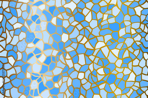 Abstract geometric colorful vector stained-glass mosaic background. Multicolored сeramic tile texture. Granite brown camouflage. Design for poster, banner, card. Blue and golden illustration.