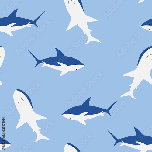 Vector sea animal wild. Seamless pattern with sharks on blue background. Vector colorful illustration. Adorable character for cards, wallpaper, textile, fabric. Flat style.