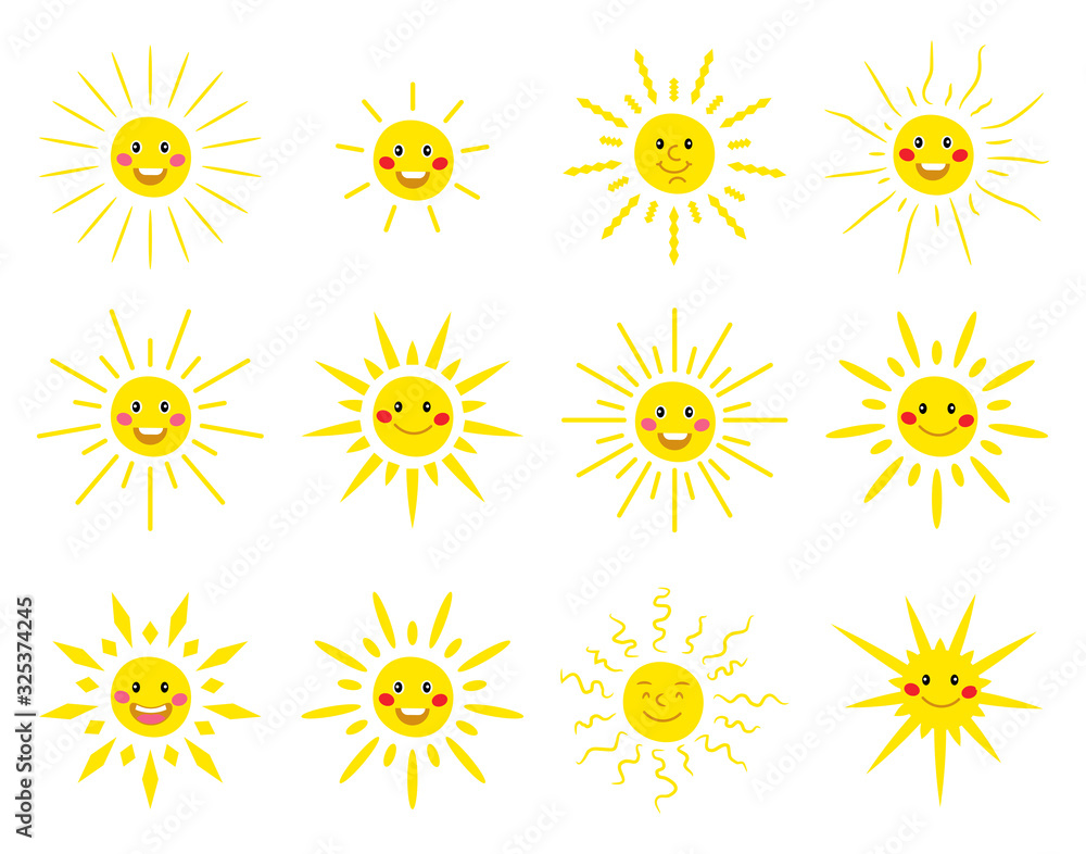 Cute vector set of SUN icons. Funny happy smiley suns. Happy doodles for your design. Bright and beautiful cartoon characters. Cute vector set of SUN icons. Funny happy smiley suns. Happy doodles for your design. Bright and beautiful cartoon characters.