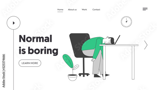 Emotional Burnout, Procrastination Website Landing Page. Tired or Boring Businessman Lying on Laptop at Working Place with Computer in Office Web Page Banner. Cartoon Flat Vector Illustration Line Art