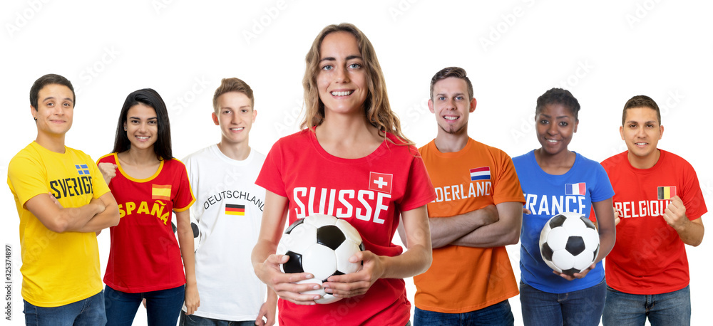 Laughing soccer fan from Switzerland with supporters from other european countries Laughing soccer fan from Switzerland with supporters from other european countries