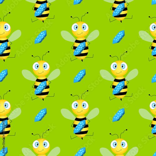 Seamless pattern with bees on green background. Vector illustration. Adorable cartoon character. Design for invitation, cards, textile, fabric. Doodle style. Bee with candy. © Alla