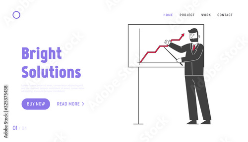 Presentation Conference, Business Meeting Website Landing Page. Trainer Giving Financial Consultation at Whiteboard with Data Analysis Chart Web Page Banner. Cartoon Flat Vector Illustration, Line Art