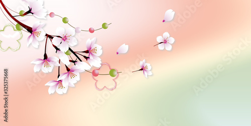 桜の花に玉飾りと桜型のオブジェのイラストアート上部レイアウトバナー素材