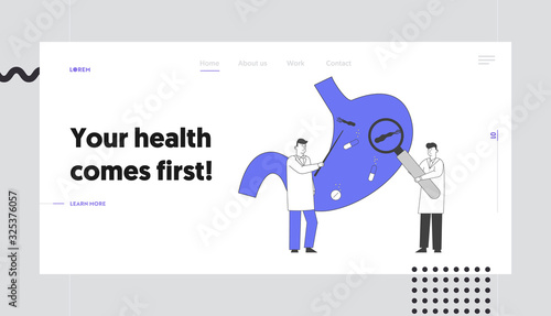 Sick Stomach Helicobacter Disease Website Landing Page. Doctors with Huge Magnifying Glass and Pointer Learning Gastroenterology Health Web Page Banner. Cartoon Flat Vector Illustration, Line Art