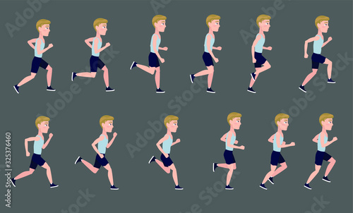 Young man or teenager is running. Full cycle of character running animation.