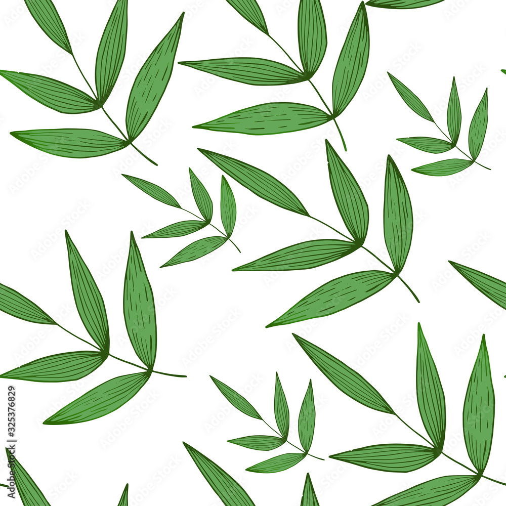 Spring abstract tropical floral seamless pattern with green leaves on white background. Design for web, textures, card, poster, fabric, textile. Doodle style. Colorful gradient vector illustration. Spring abstract tropical floral seamless pattern with green leaves on white background. Design for web, textures, card, poster, fabric, textile. Doodle style. Colorful gradient vector illustration.