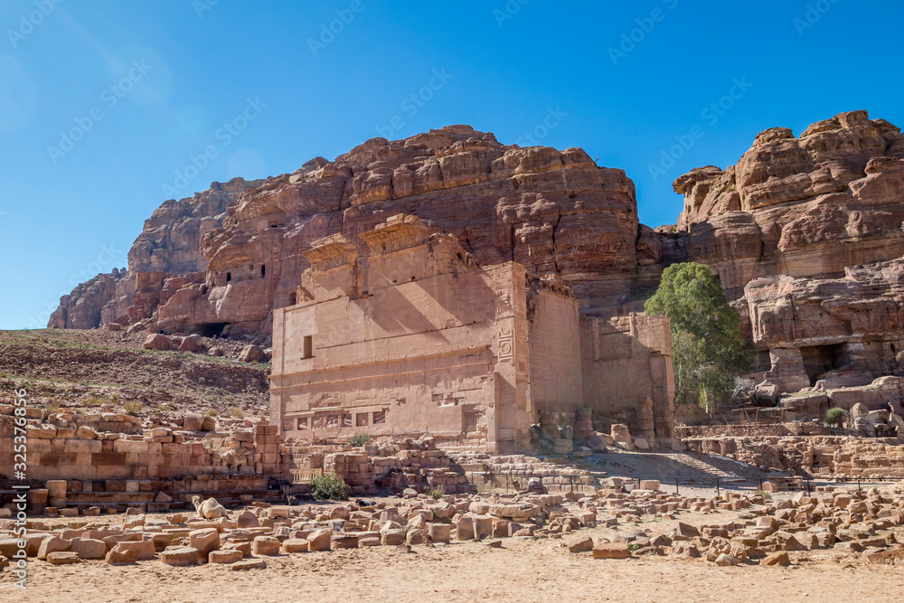 Tombs that could be seen when walking the scenery Street of Facades had been created hundreds of years. Petra complex tourist attraction, Hashemite Kingdom of Jordan