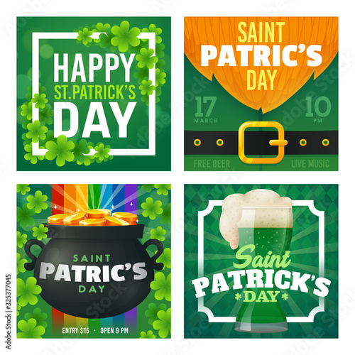 St. Patricks Day card set. Promotion banners square shape on theme Patricks Day. Design of advertising in social networks. Vector cartoon illustration