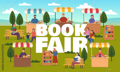 Book fair on street, booth stalls bookcases. Outdoor fair, market or street book festival. Vector illustration