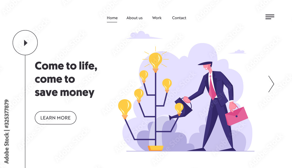 Startup Project Bringing Financial Money Success Website Landing Page. Creative Businessman Watering Idea Tree with Glowing Light Bulbs on Branches Web Page Banner. Cartoon Flat Vector Illustration Startup Project Bringing Financial Money Success Website Landing Page. Creative Businessman Watering Idea Tree with Glowing Light Bulbs on Branches Web Page Banner. Cartoon Flat Vector Illustration