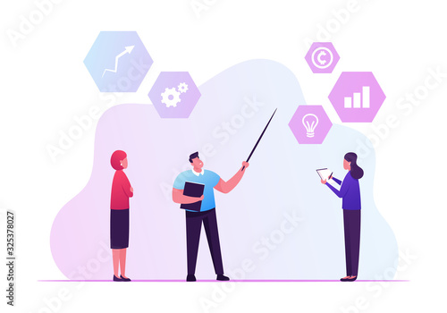 Key Performance Indicator Concept. Businessman Pointing Major Kpi Points to Colleagues Following Objective, Measurement Optimization, Strategy Performance Evaluation Cartoon Flat Vector Illustration