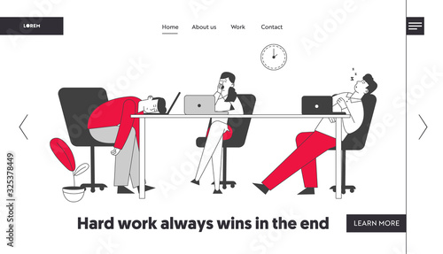 Procrastination, Laziness Website Landing Page. Boring, Procrastinating and Lazy Businesspeople Employees Sleeping and Yawning at Workplace Web Page Banner. Cartoon Flat Vector Illustration, Line Art
