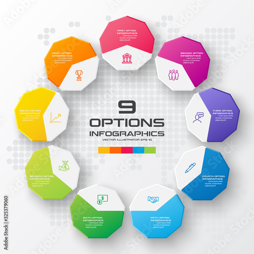 Nonagon infographic,Colorful template with 9 options,Vector illustration.
