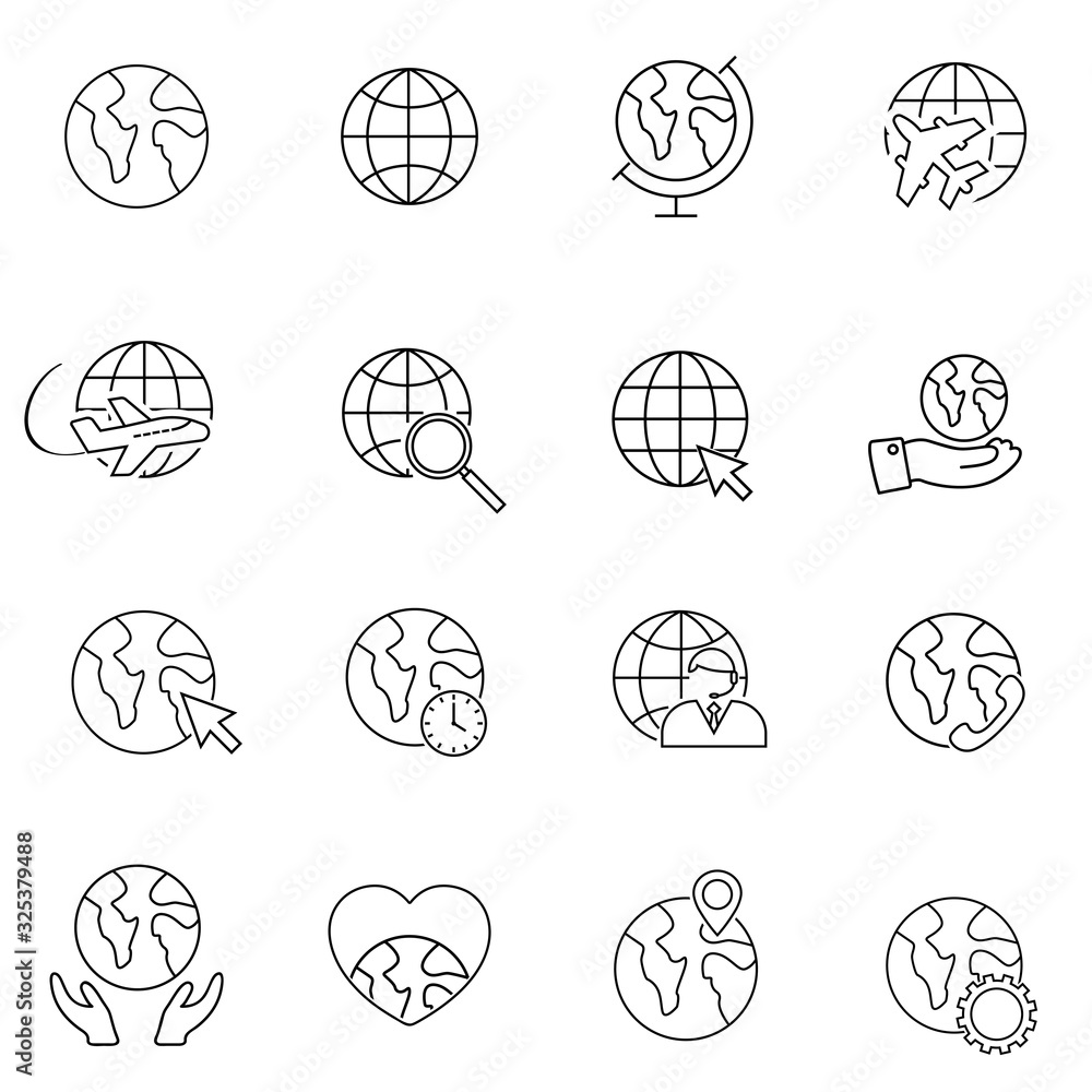 Globe icon set, global world, earth thin line symbols for web and ...